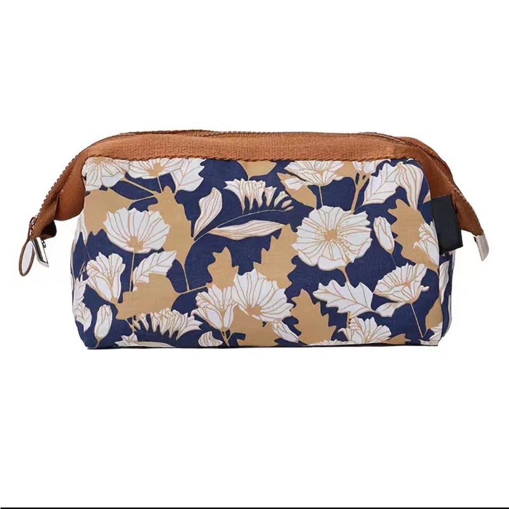 Floral Print Brown, Peach and Navy Blue Zipper Cosmetic Bag